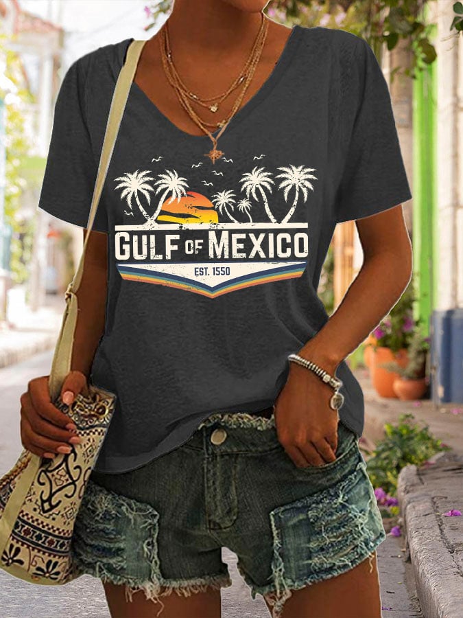 Women's Gulf Of Mexico Print V Neck Casual T-Shirt