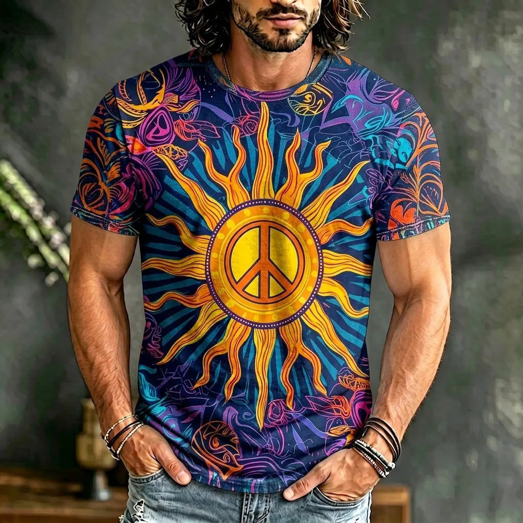 Men's Retro Hippie Peace And Sun Print Crew Neck Short Sleeve T-shirt