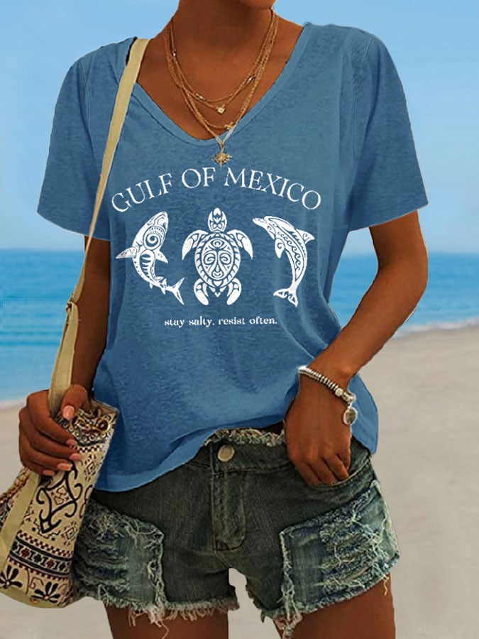 Women's Retro Golfo De Mexico Stay Salty Resist Often Print T-Shirt