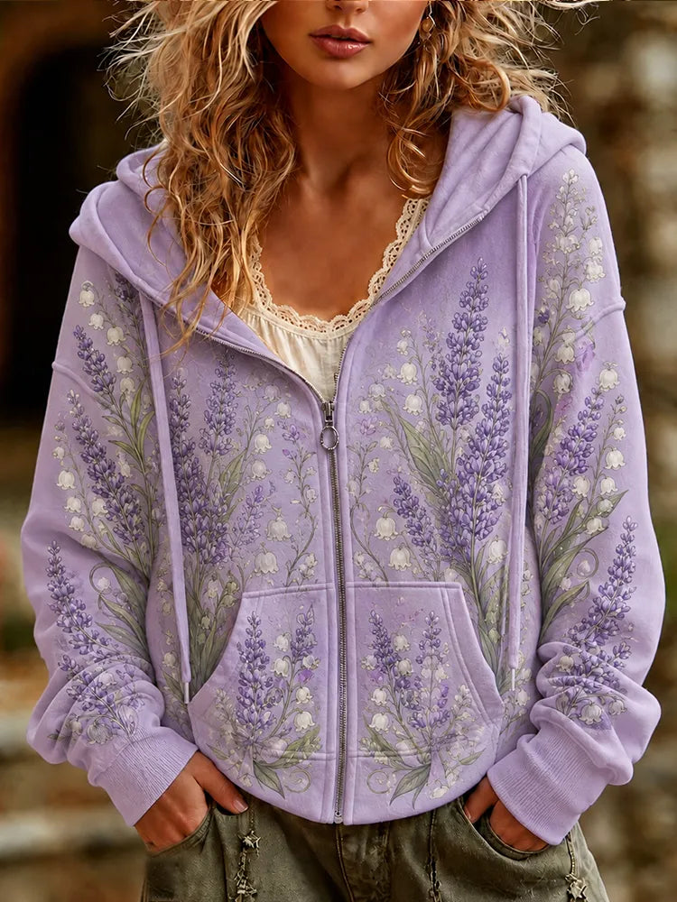 Women's Full-zip Hoodie Sweatshirt With Lavender And Lily Of The Valley Floral Print