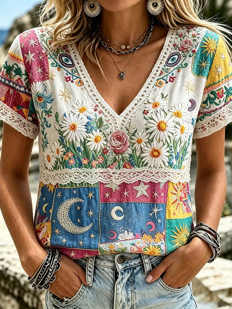 Women's Vintage Hippie Floral And Stars Pattern Art Embroidered Linen Blend V Neck Shirts