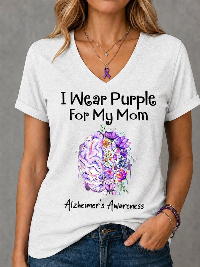 Women's I Wear Purple For My Mom Floral Print Alzheimer's Awareness Support V-Neck Tee