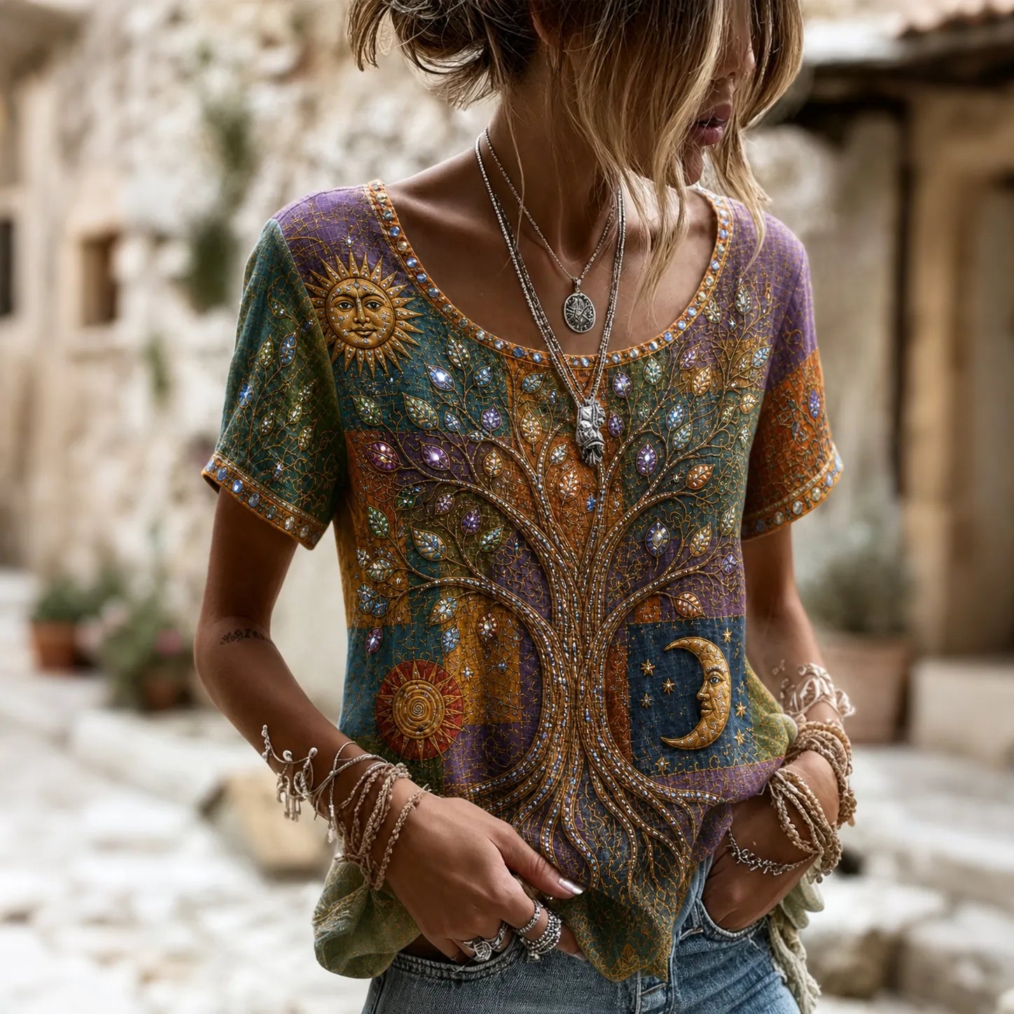 Women's Vintage Hippie Colorful Tree Of Life Sun Moon Patchwork Art Linen Blend Short Sleeve Tops