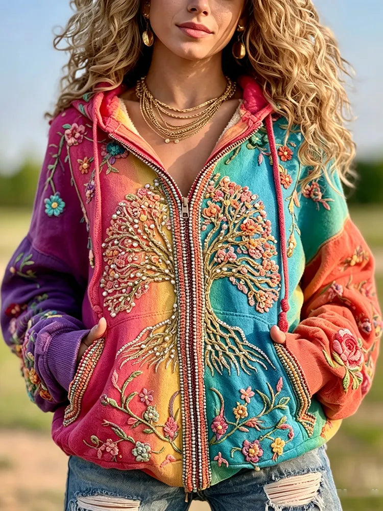 Women's Vintage Hippie Tree Of Life Floral Gradient Art Comfy Zipper Hoodie
