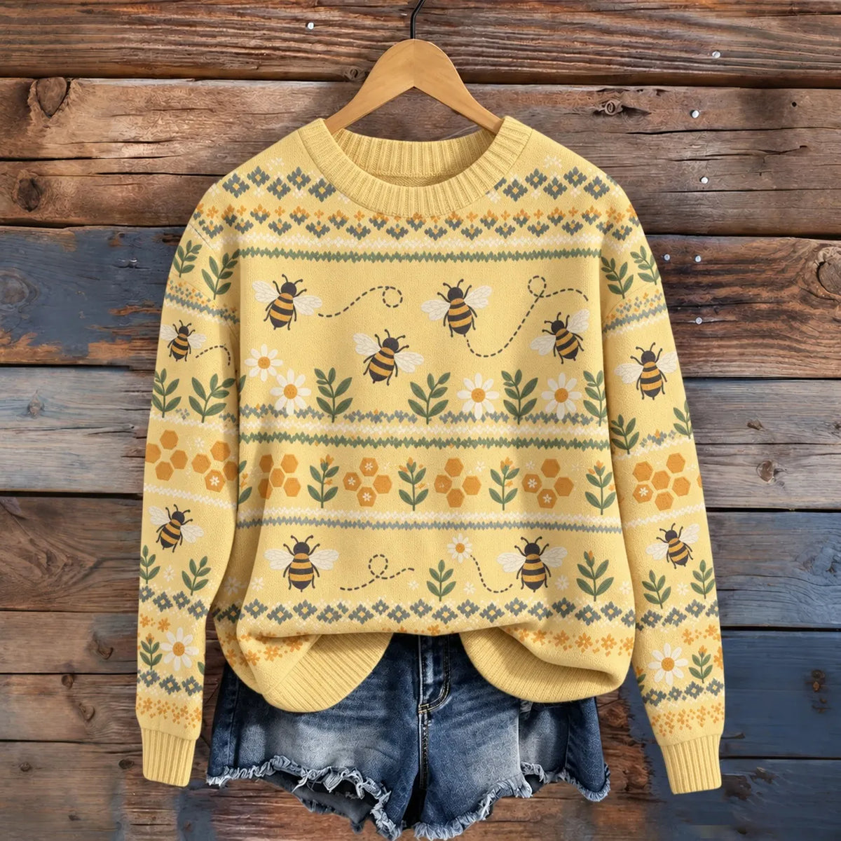 Women's Retro Fly Bee With Floral Pattern Cozy Fair Isle Style Knit Sweater