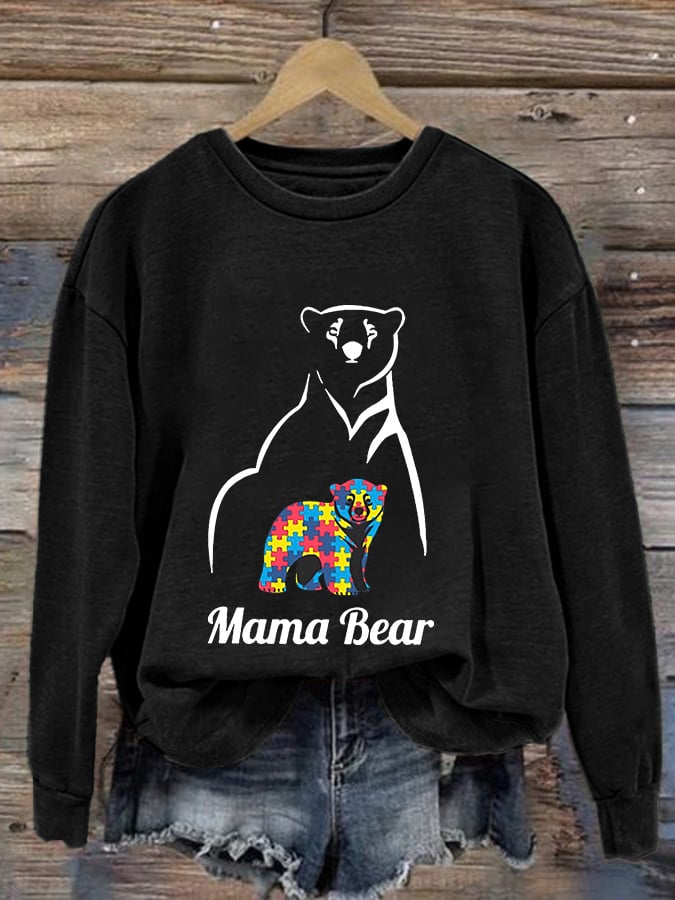 Retro Autism Awareness Mama Bear Print Sweatshirt