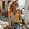 Women's Retro Paisley Floral Spliced V-neck Long Sleeve T-shirt