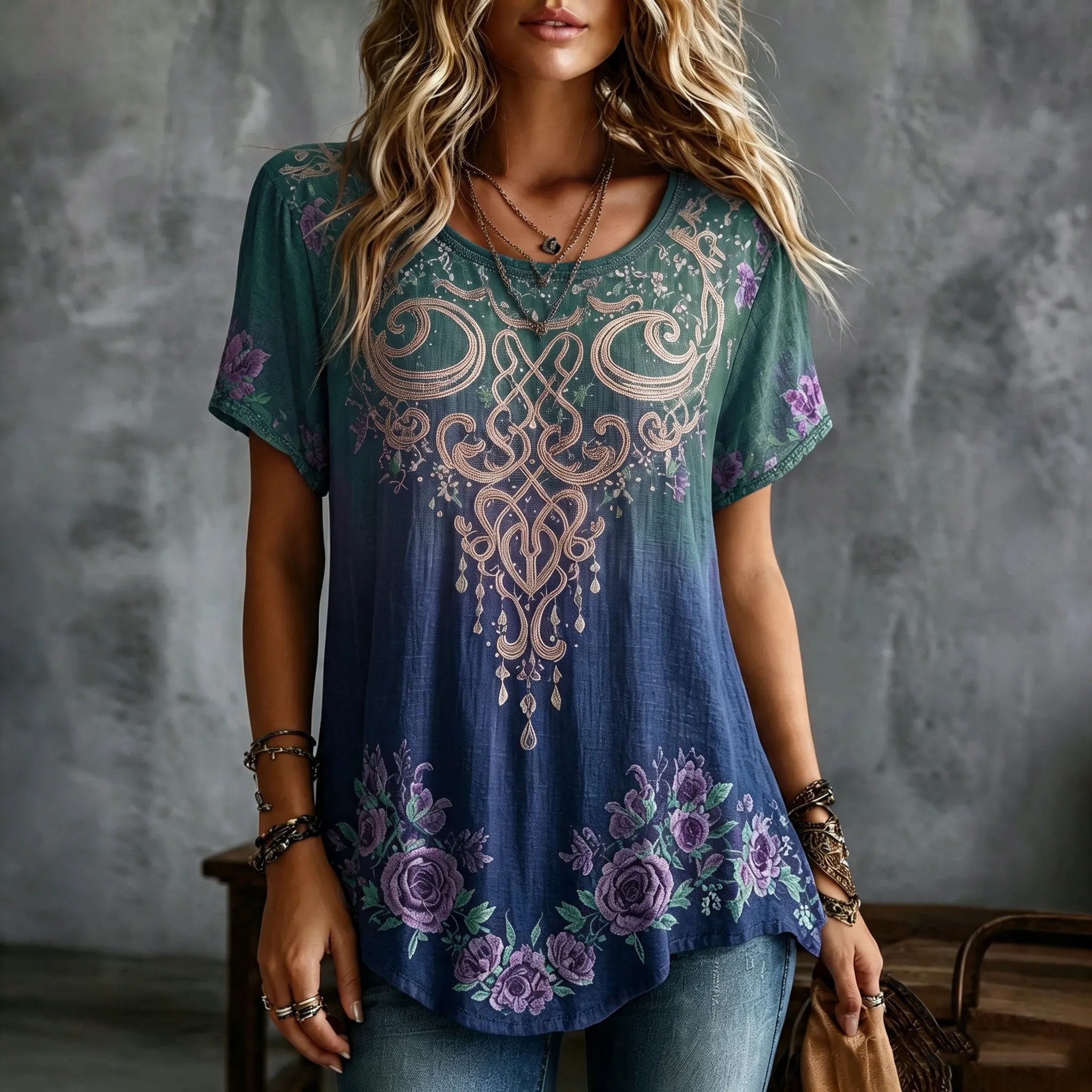 Women's Vintage Celtic Knot Floral Gradient Art Flowy Linen Blend Casual Tops
