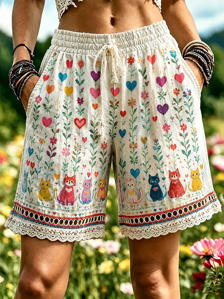 Retro Hippie Colorful Cat Pattern Linen Blend Shorts
