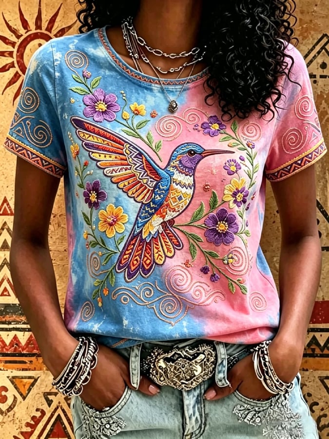 Women's Breast Cancer Awareness Short-Sleeve T-Shirt with Hummingbird Print