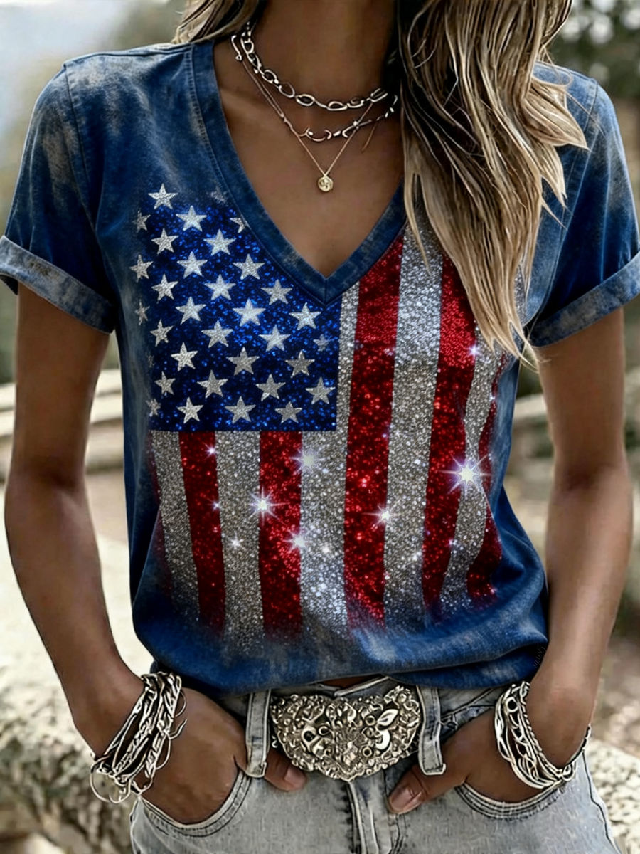 Women'S 250 Year National Flag Sparkling Art Printed T-Shirt