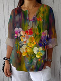 Women's Casual Retro Purple Floral Cotton And Linen Shirt
