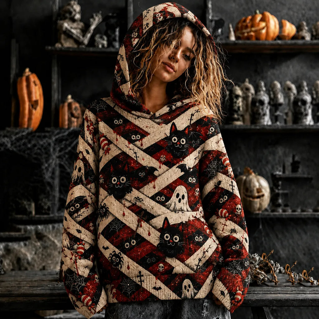 Women's Halloween Scary Bandaged Spider Black Cat Art Print Cozy Art Knit Hooded Sweater