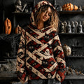 Women's Halloween Scary Bandaged Spider Black Cat Art Print Cozy Art Knit Hooded Sweater
