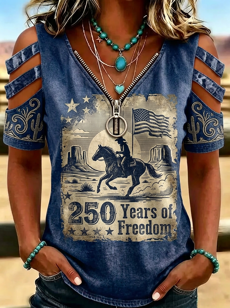 Women's Western Independence Day Cowboy Horse Flag Printed T-shirt