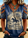 Women's Western Independence Day Cowboy Horse Flag Printed T-shirt