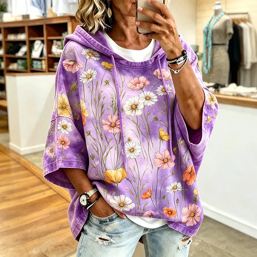 Women's Purple Tie-dye Half-sleeve Hoodie With Wildflower And Daisy Print