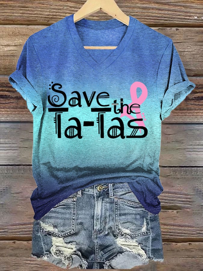 Women's  Breast Cancer Awareness Save the Ta-Tas   Printed Short-Sleeved T-Shirt