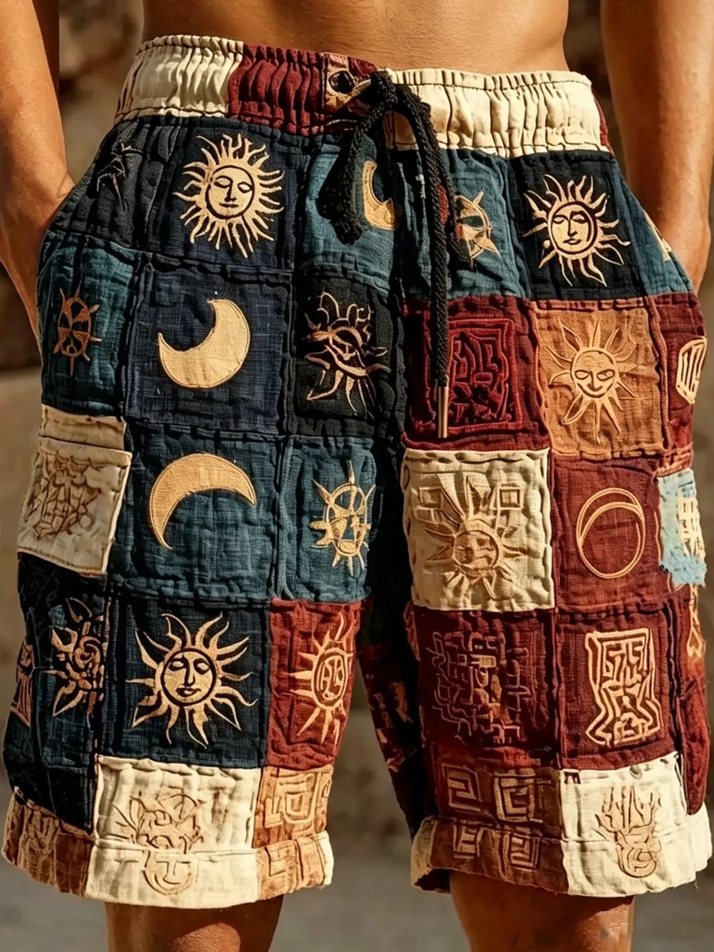 Men's Hippie Star And Moon Patchwork Art Print Shorts