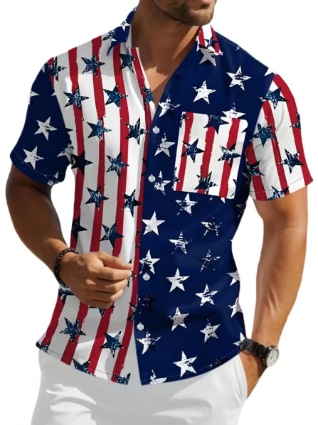 Men'S Short-Sleeve Ameica Flag  Button Up Shirt, Casual Party Shirt
