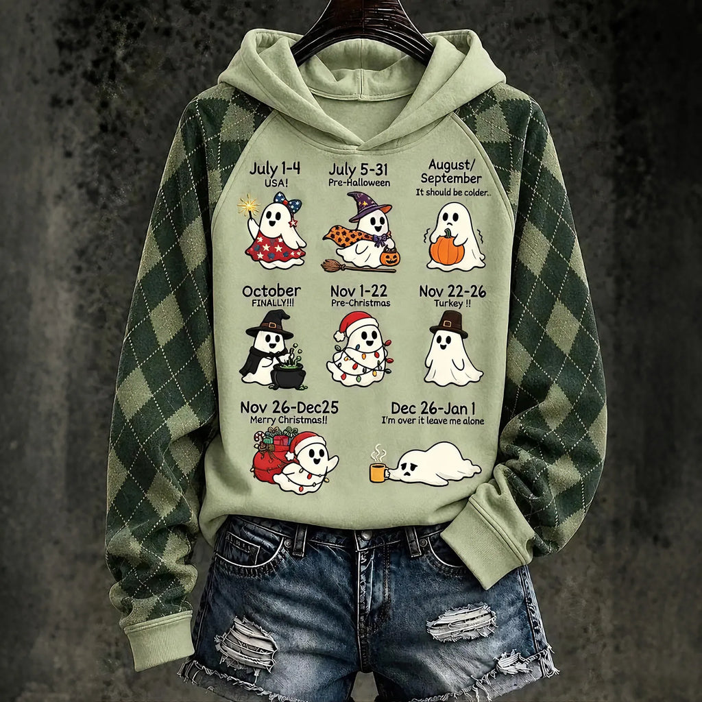 Women's Cute Ghost Holiday Calendar Print Hoodie