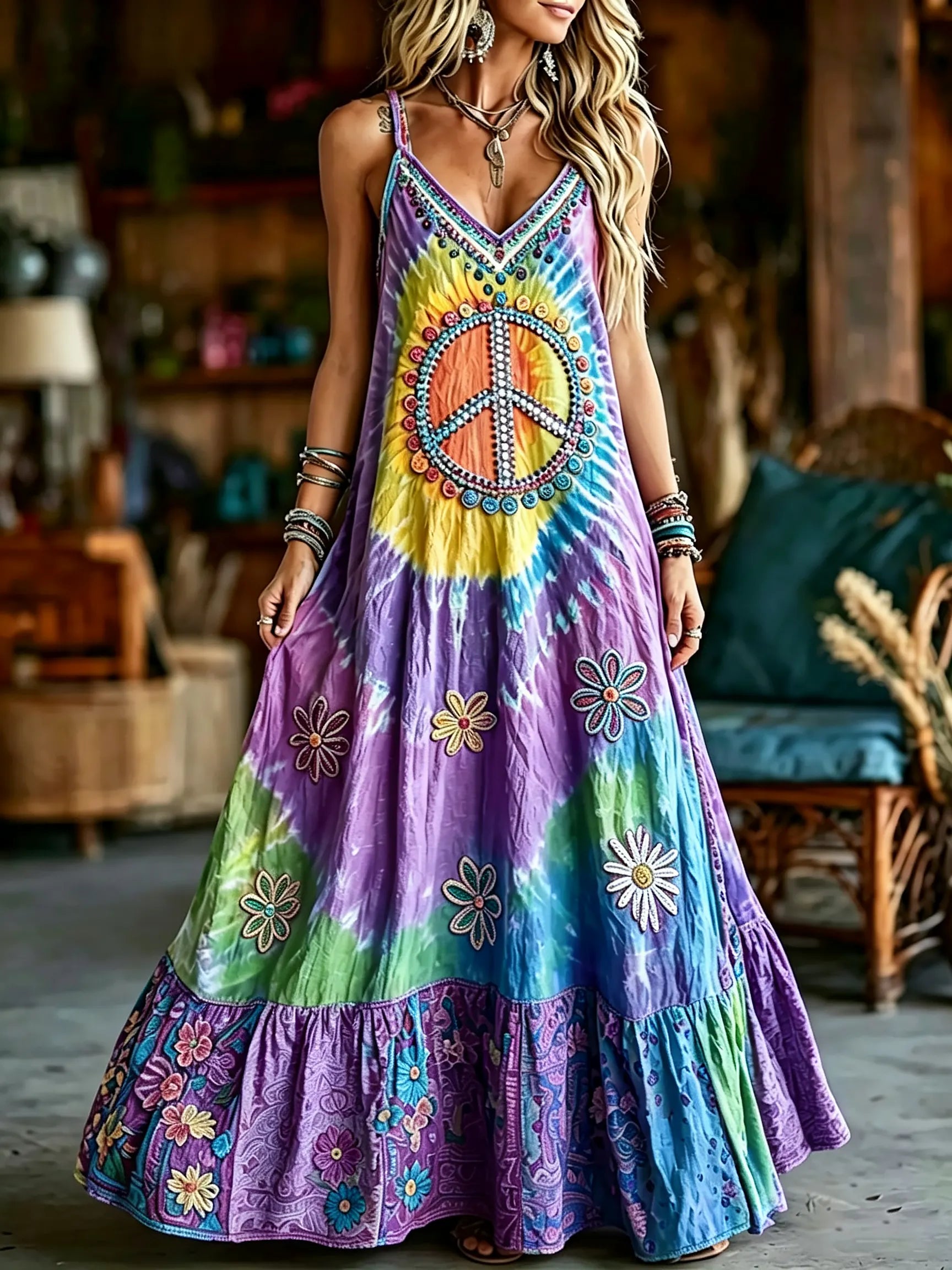 Women's Hippie Floral Peace Pattern Casual Sleeveless Dress
