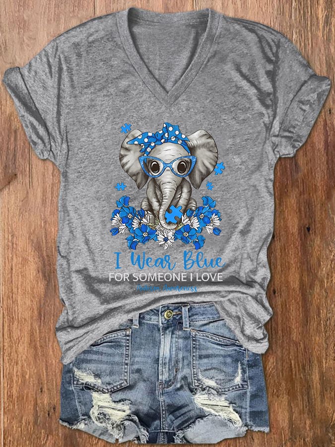 Women's I Wear Blue For Someone Love Autism Awareness V-Neck T-Shirt