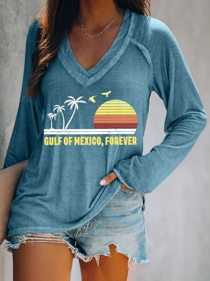 Women's Gulf Of Mexico Print V Neck T-Shirt