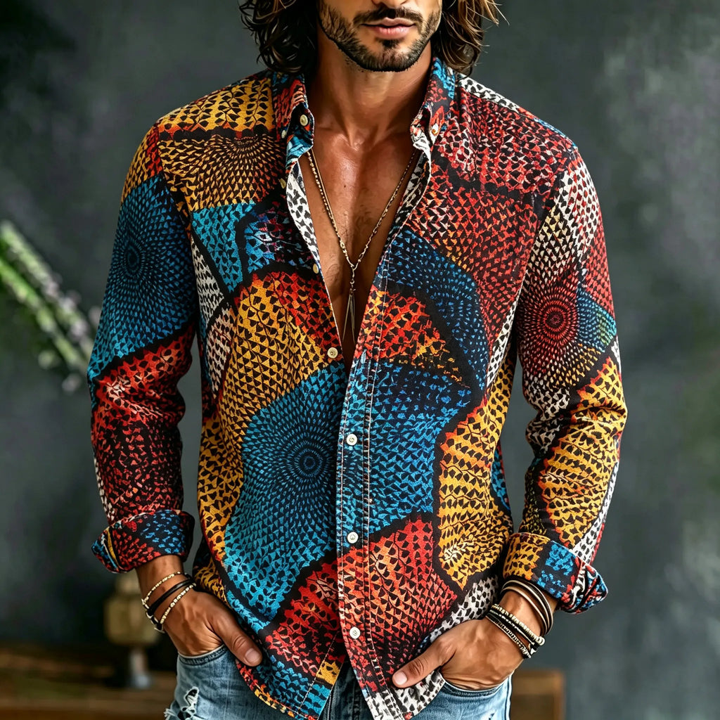 Men's Retro Hippie Color Block Print Long-sleeve Shirt