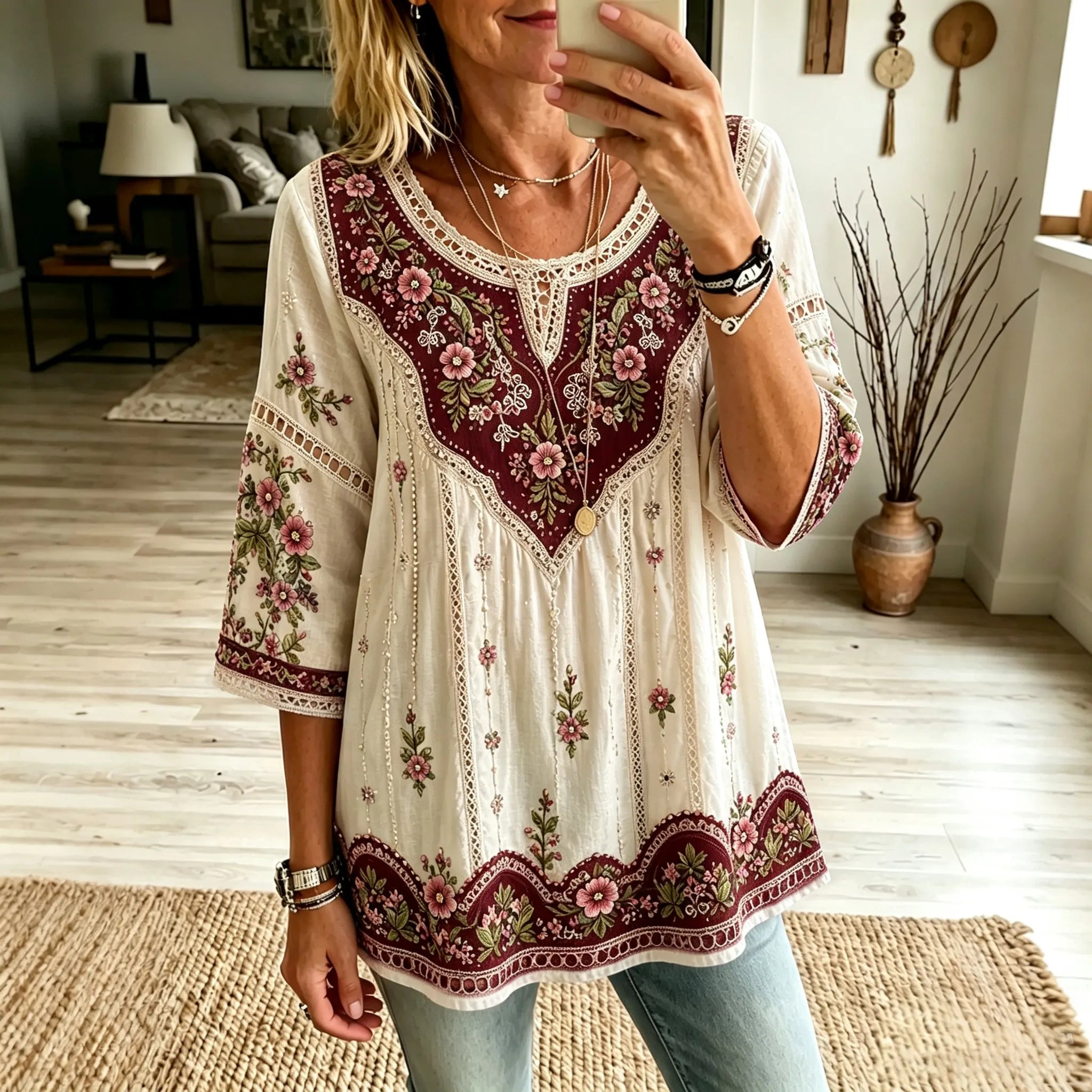Women's Vintage Boho Floral Art Crew Neck Linen Blend T-shirt