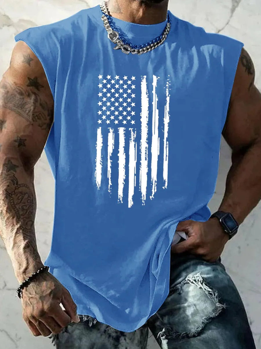 America Flag Pattern Round Neck 100% Cotton Tank Top