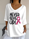 Women's Retro Never Give Up Breast Cancer Print Mid Sleeve T-Shirt