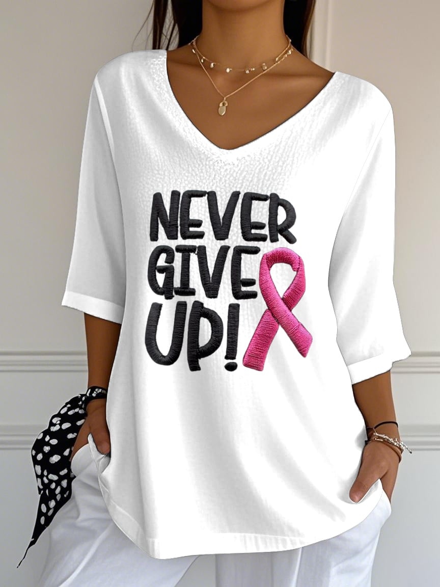 Women's Retro Never Give Up Breast Cancer Print Mid Sleeve T-Shirt