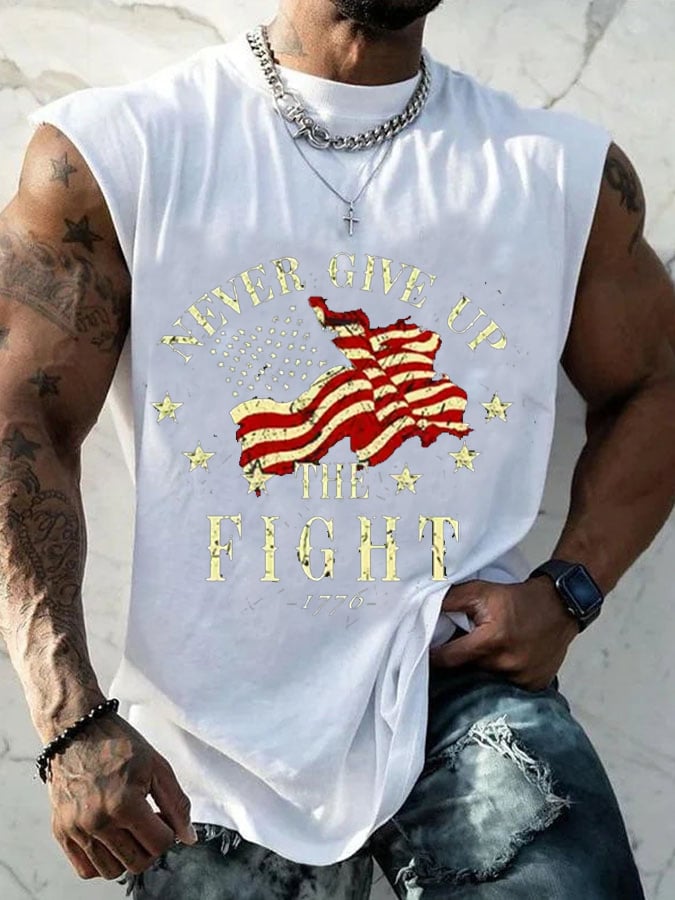 Men's Retro Never Give Up Fight 1776 Independence Day Patriotic Print Casual Tank Top