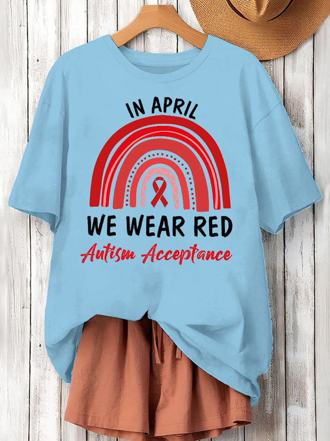 Women's In April We Wear Red Autism Acceptance Printed Short-Sleeved T-Shirt