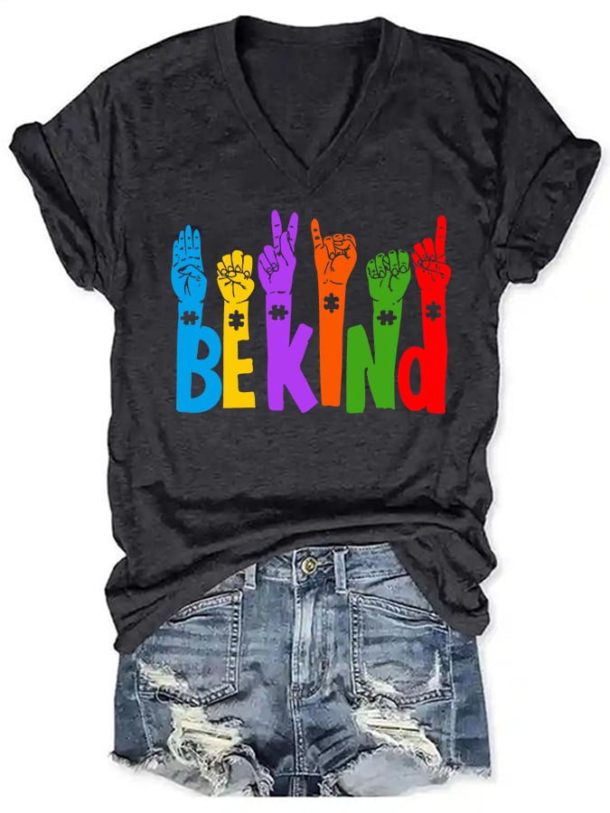 Women's Be Kind Print Autism Awareness V-Neck T-Shirt