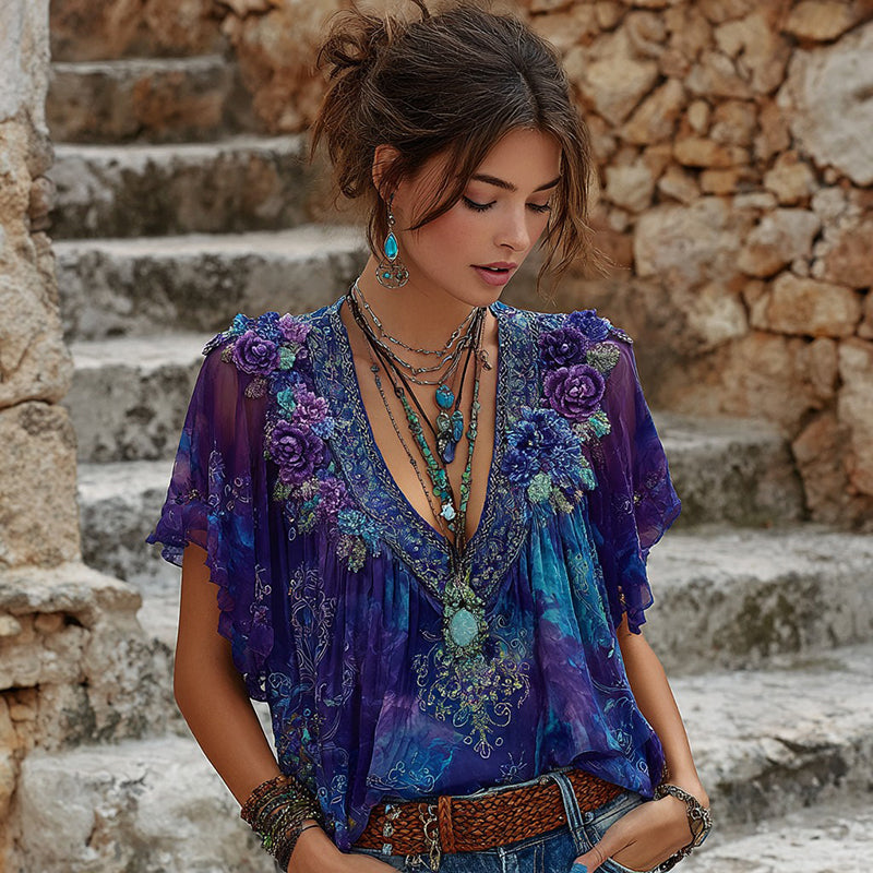 Women's Retro Purple Floral Embroidery Pattern Casual  T-shirt