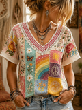 Women's Boho Patchwork V-neck Short Sleeve T-shirt With Rainbow, Butterfly, And Floral Print