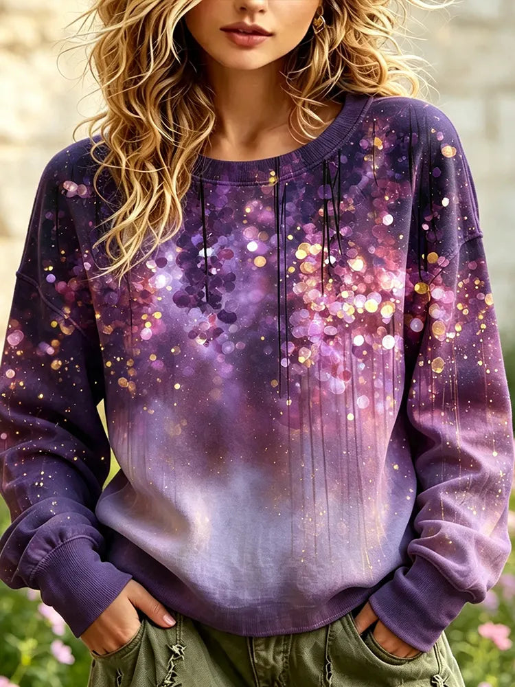 Women's Casual Crewneck Sweatshirt - Purple Dreamy Bokeh Lights And Glowing Glitter Particles Print Pullover