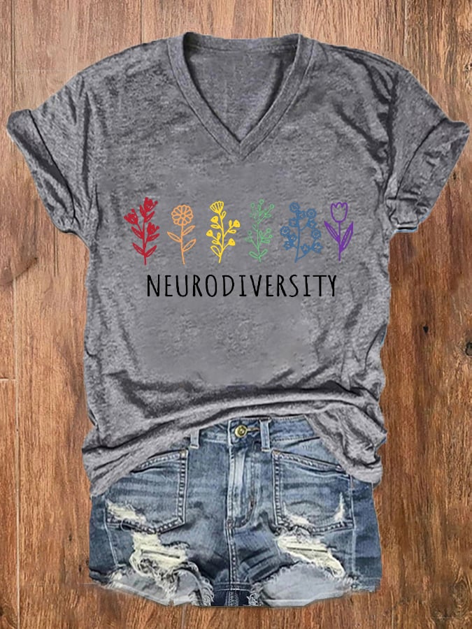 Women's Autism Awareness Neurodiversity Printed V-Neck Tee