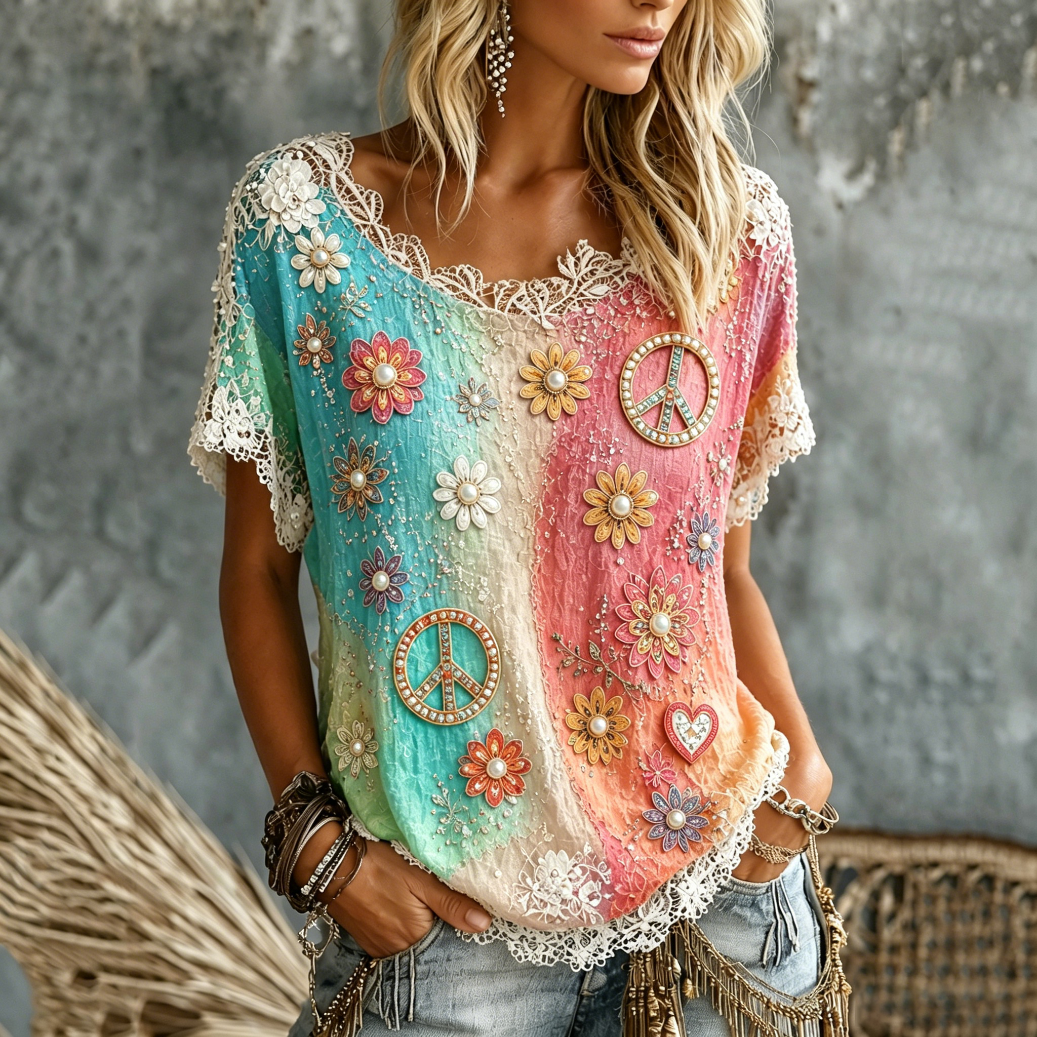 Women's Pearl Floral Peace Sign Tie Dye Art Print Casual T-shirt