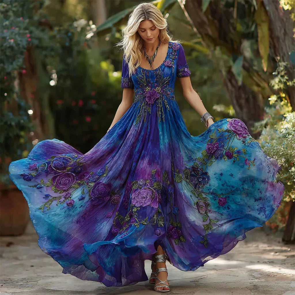 Women's Retro Purple Rose Gradient Pattern Short-sleeved Dress