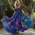 Women's Retro Purple Rose Gradient Pattern Short-sleeved Dress