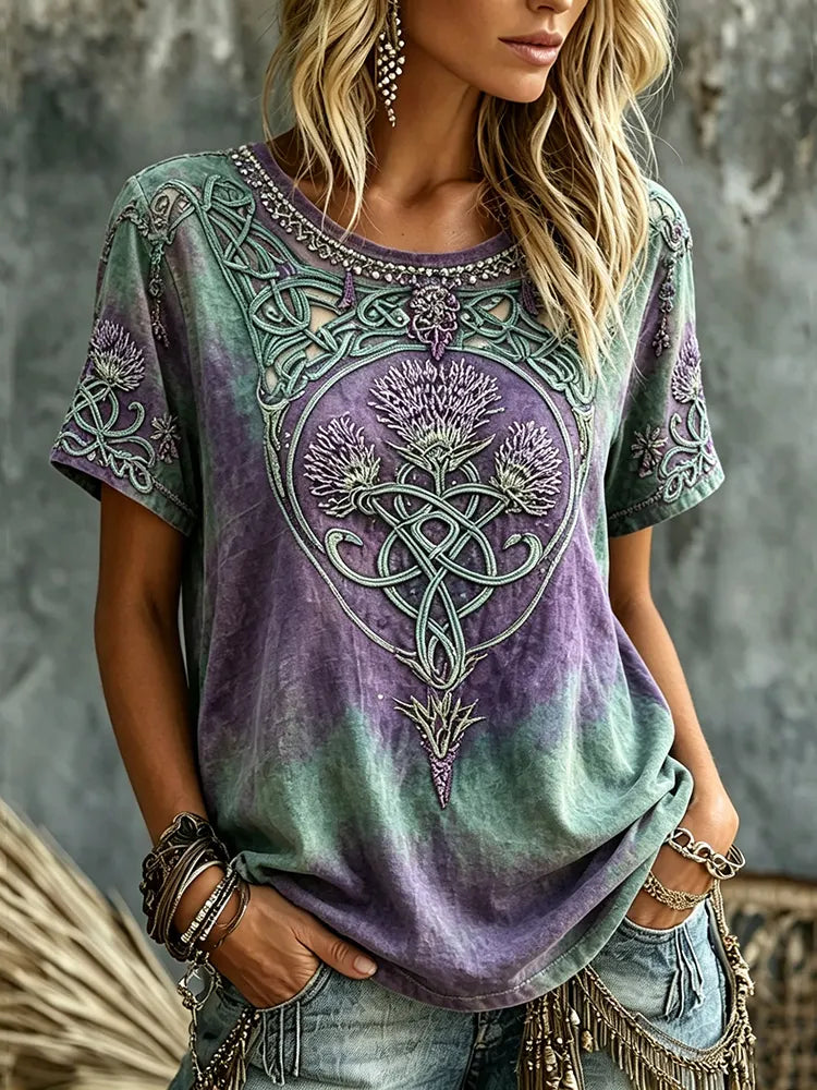 Women's Retro Scottish Thistle Print Alzheimer's Disease Awareness Crew Neck T-shirt