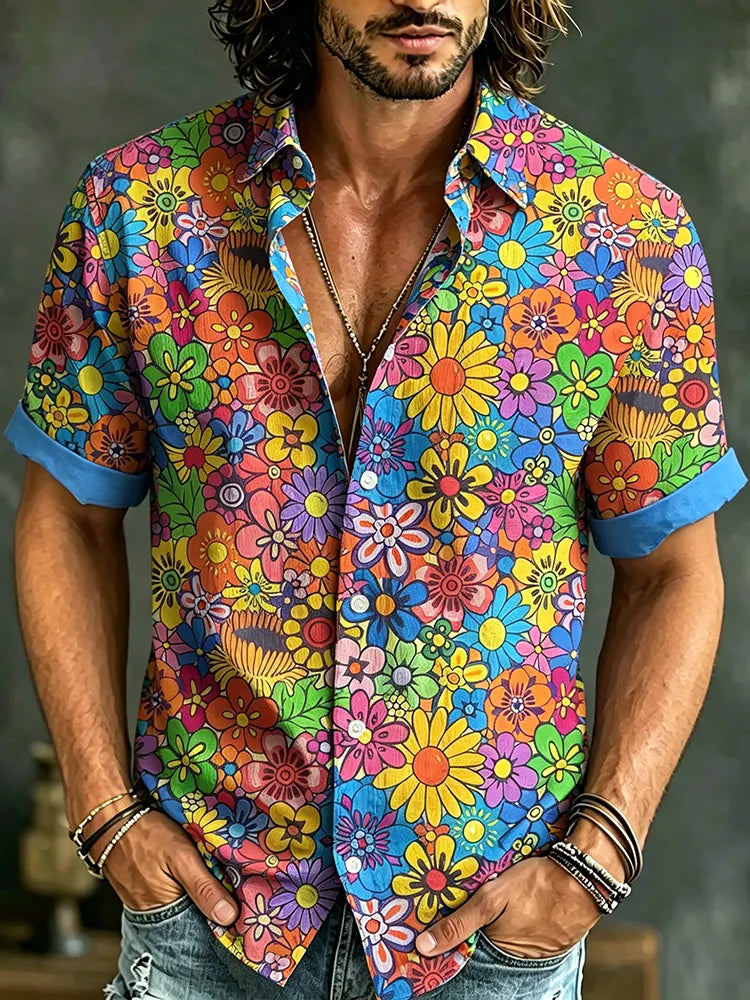 Men's Vintage Hippie Floral Art Print Short Sleeve Shirt