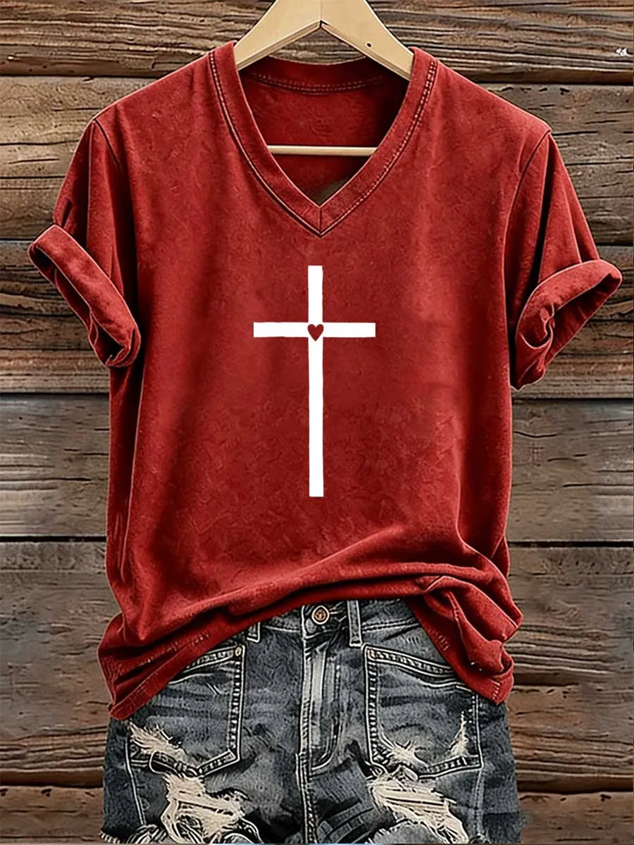 Red Friday Bless Pattern Print V Neck Casual T-Shirt