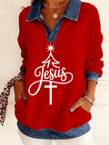 Women's Christmas Faith Waffle-Print Patchwork Collared Top