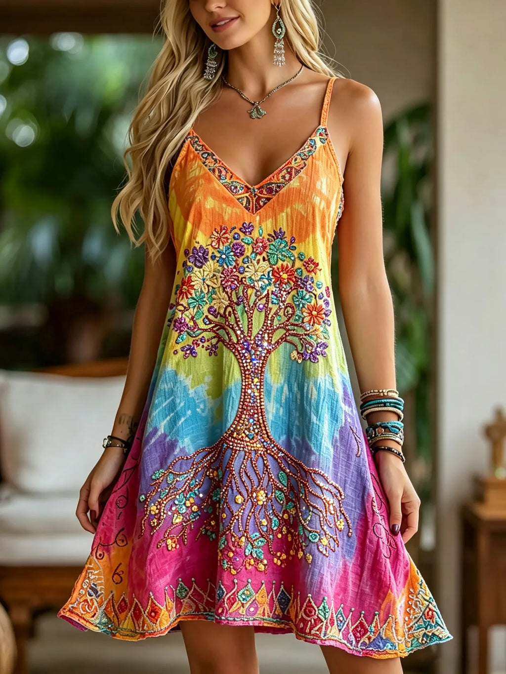 Women's Vintage Hippie Tree Of Life Floral Pattern Casual Linen Blend Spaghetti Strap Mini Dress