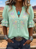 Women's Western Vintage Floral Embroidered Ruffle Sleeve Top