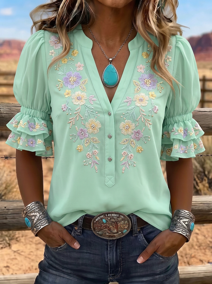 Women's Western Vintage Floral Embroidered Ruffle Sleeve Top